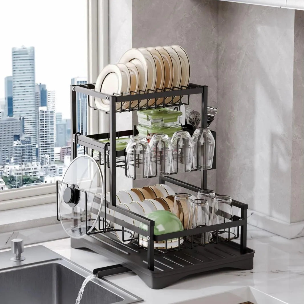 Kdhome Scurgator de Vase Bucatarie CleanRack, Metalic, Scurgere Automata Apa, Uscator Integrat, Negru