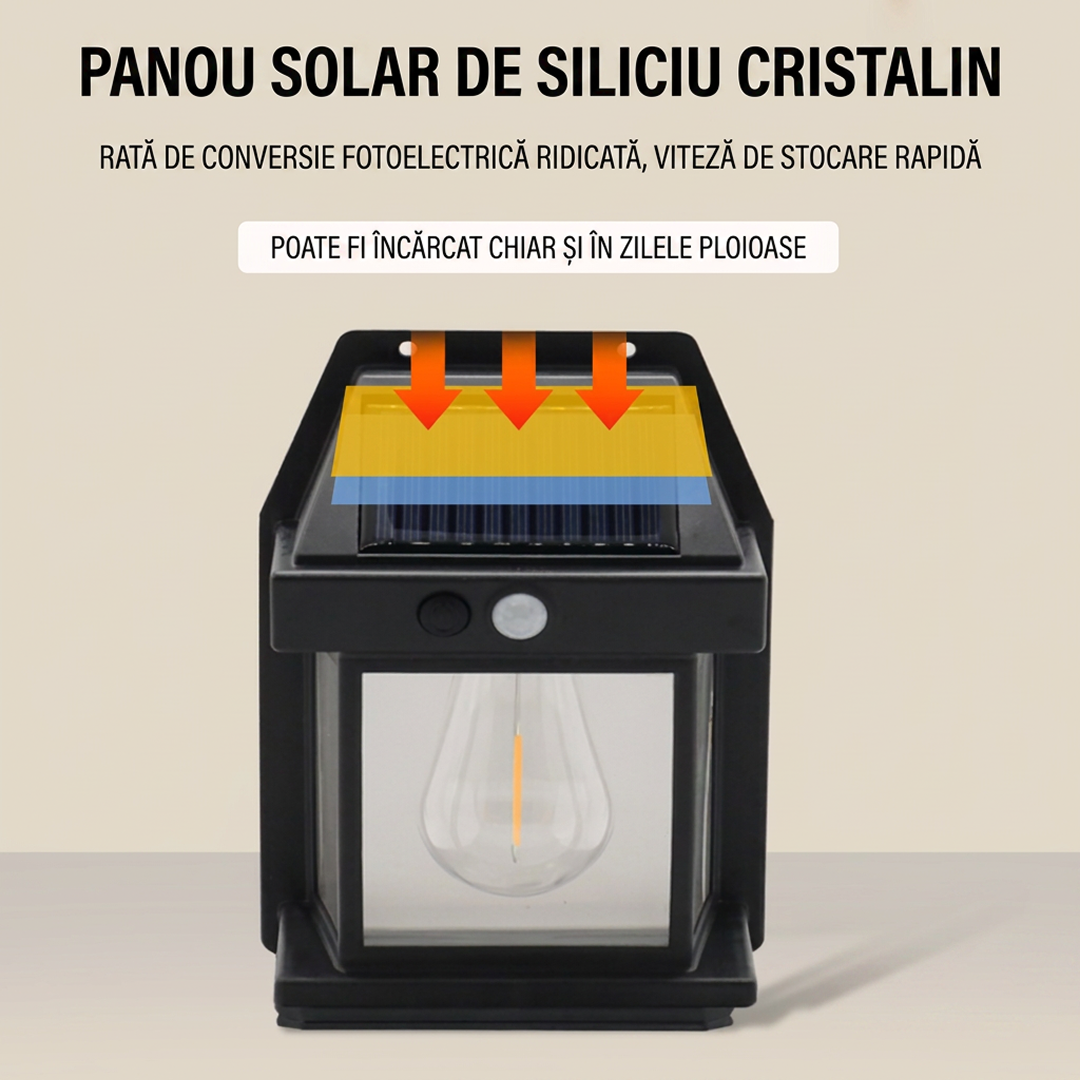 Lampa Solara de Perete LED Tip Felinar | Senzor Miscare si Crepuscul | IP65 | Montaj pe Perete | Negru