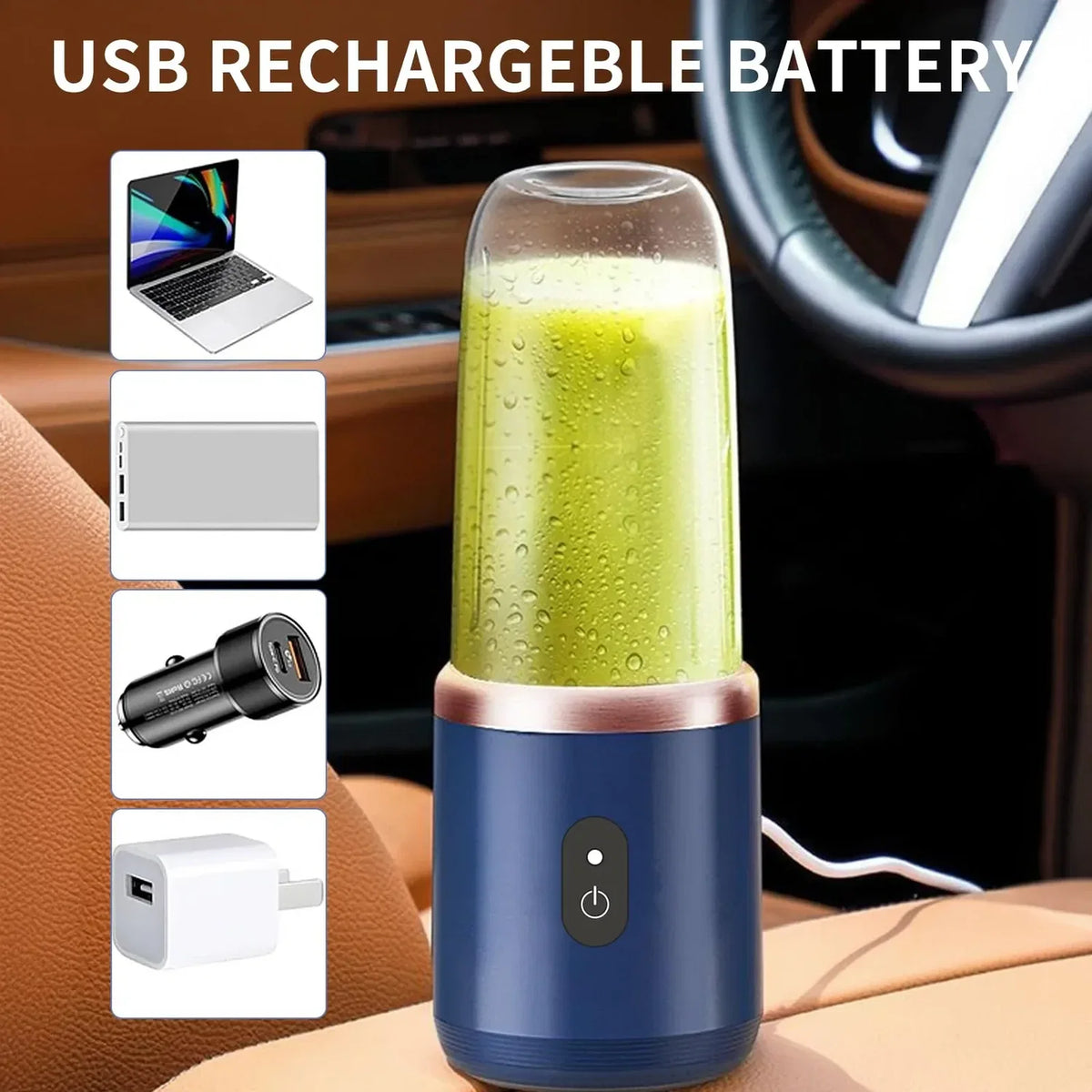 Mini Blender Portabil Electric cu Acumulator, 2 Recipiente, 6 Lame 3D, 400 ml, 40W