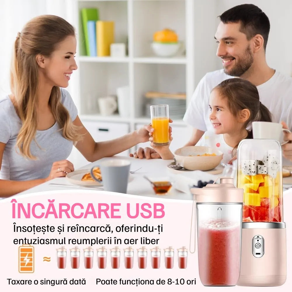 Mini Blender Portabil Electric cu Acumulator, 2 Recipiente, 6 Lame 3D, 400 ml, 40W