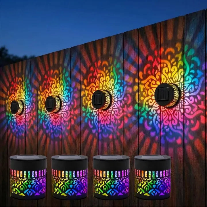 Lampa Solara de Perete cu Proiectie Mandala, 7 Culori Schimbatoare, Set 2 Bucati, Metalica, Impermeabila IP65, Negru