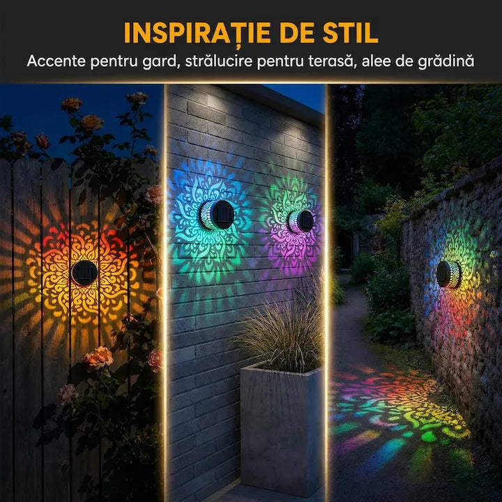 Lampa Solara de Perete cu Proiectie Mandala, 7 Culori Schimbatoare, Set 2 Bucati, Metalica, Impermeabila IP65, Negru