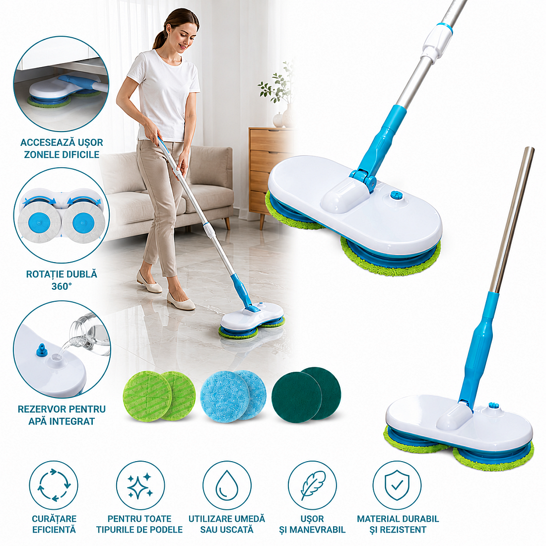 Mop cu Acumulator, Rotatie Dubla si Fara Fir Hurricane Floating Mop pentru Curatare Eficienta