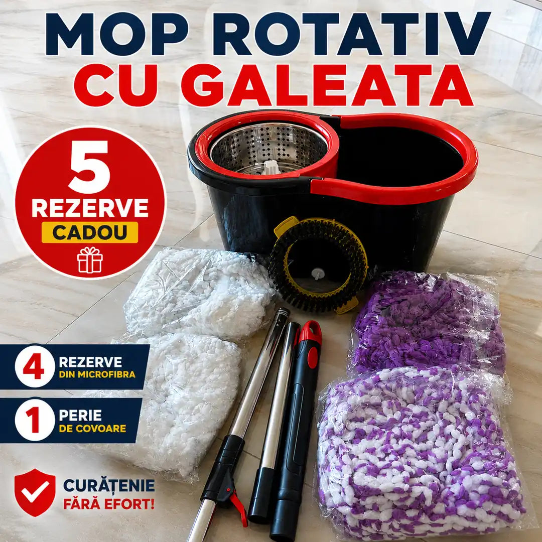 Set Mop Rotativ și Găleată cu Sistem de Stoarcere și Curățare, Găleată Rotativă, Mâner Reglabil + 5 Rezerve CADOU
