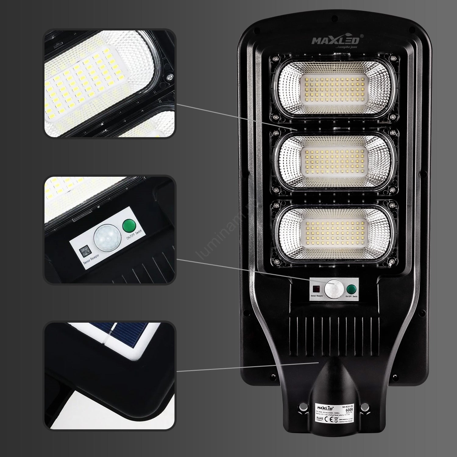 Lampă LED stradală solară dimabilă cu senzor LED/180W/6V 6500K IP65 negru + telecomandă