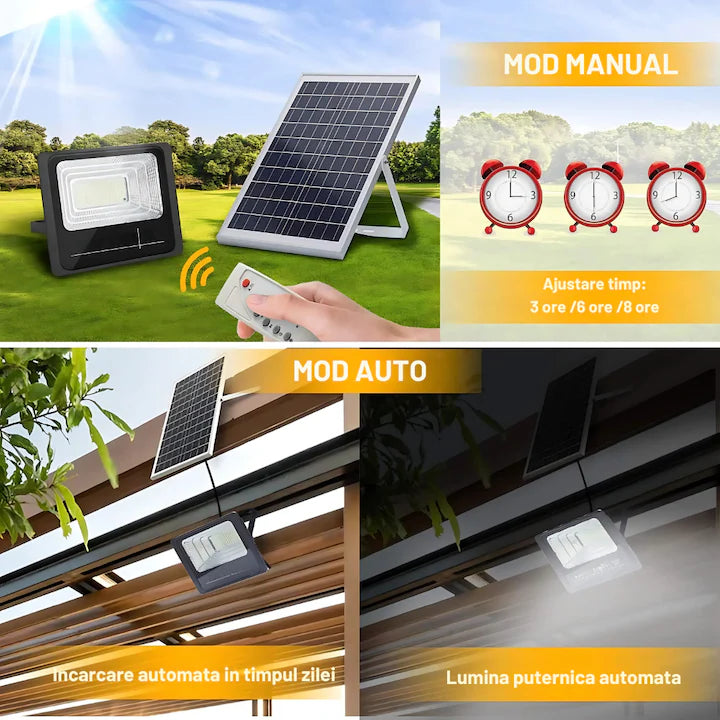 Proiector LED 300W cu panou solar, Solar Light 7500 Lumeni, Telecomanda, Panou Fotovoltaic, Autonomie Mare, Senzor de lumina