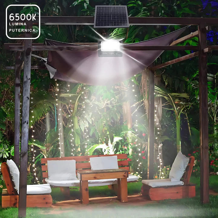 Proiector LED 300W cu panou solar, Solar Light 7500 Lumeni, Telecomanda, Panou Fotovoltaic, Autonomie Mare, Senzor de lumina