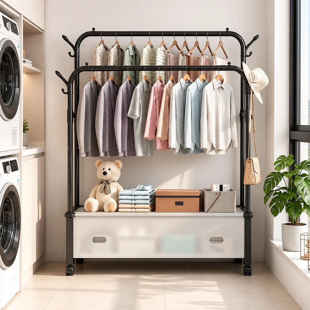 Raft Multifunctional din Metal cu Suport pentru Haine si Palarii, 3-in-1