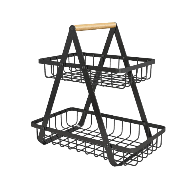Cos metalic, detasabil, organizator fructe, legume, 2 nivele, 32 x 29.9 x 18 cm, negru
