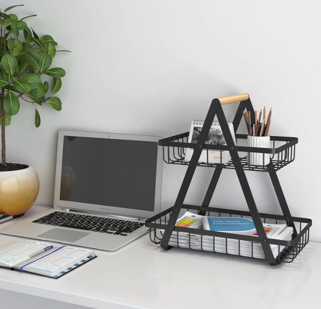 Cos metalic, detasabil, organizator fructe, legume, 2 nivele, 32 x 29.9 x 18 cm, negru