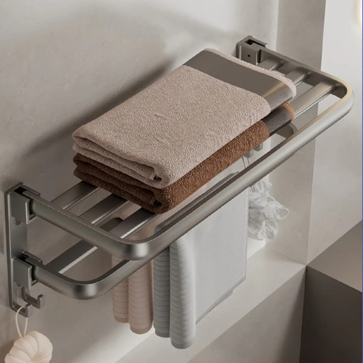 Suport Prosoape Baie Vivendo Pliabil Aluminiu 2 Niveluri Polita Carlige 60cm Gri Montaj Dual