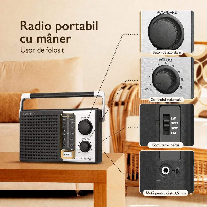Radio Leotec LT 1807 LW, 4 benzi FM/LW/SW1/SW2, radio portabil cu baterii sau la priza, mufa casti, potrivit pentru seniori si casa, negru