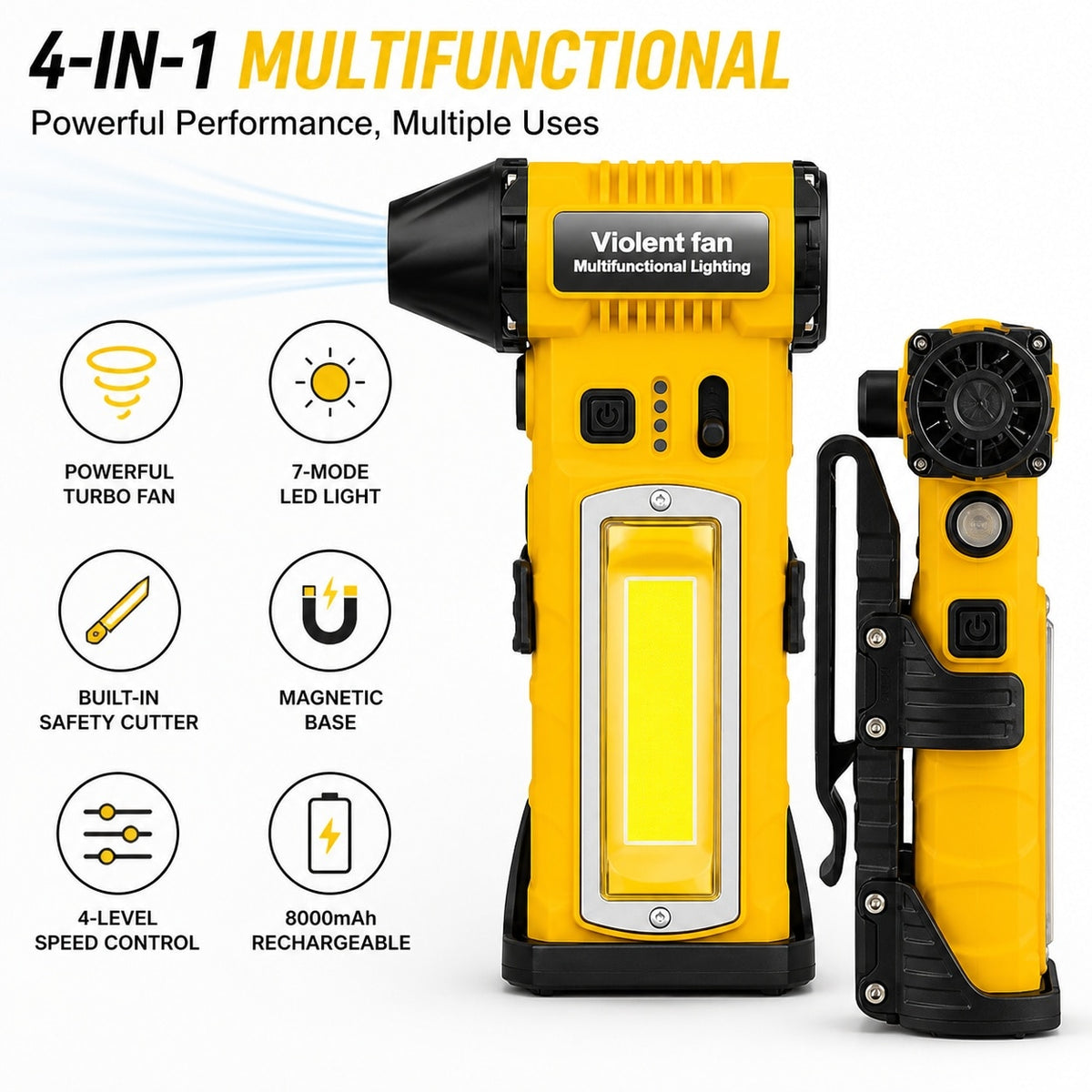 Suflanta Aer Comprimat Portabila 4 in 1 Pexor, Functie Aspirate, Turbo Fan 140000 RPM, 4 Trepte Putere, Baterie 8000 mAh, Incarcare USB-C, Motor Fara Perii, Galben-Negru