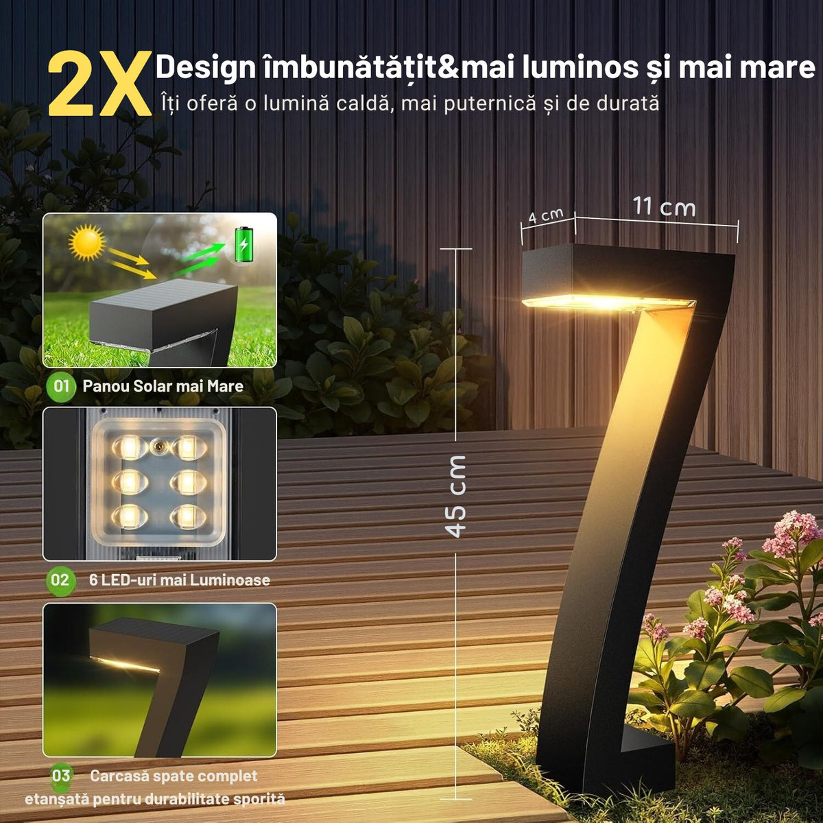 Set 4 Lampi Solare Gradina LED 45cm | 2X Mai Luminoase, Rezistente Apa, Autonomie 6-12 Ore | Lumina Calda pentru Alei si Terase