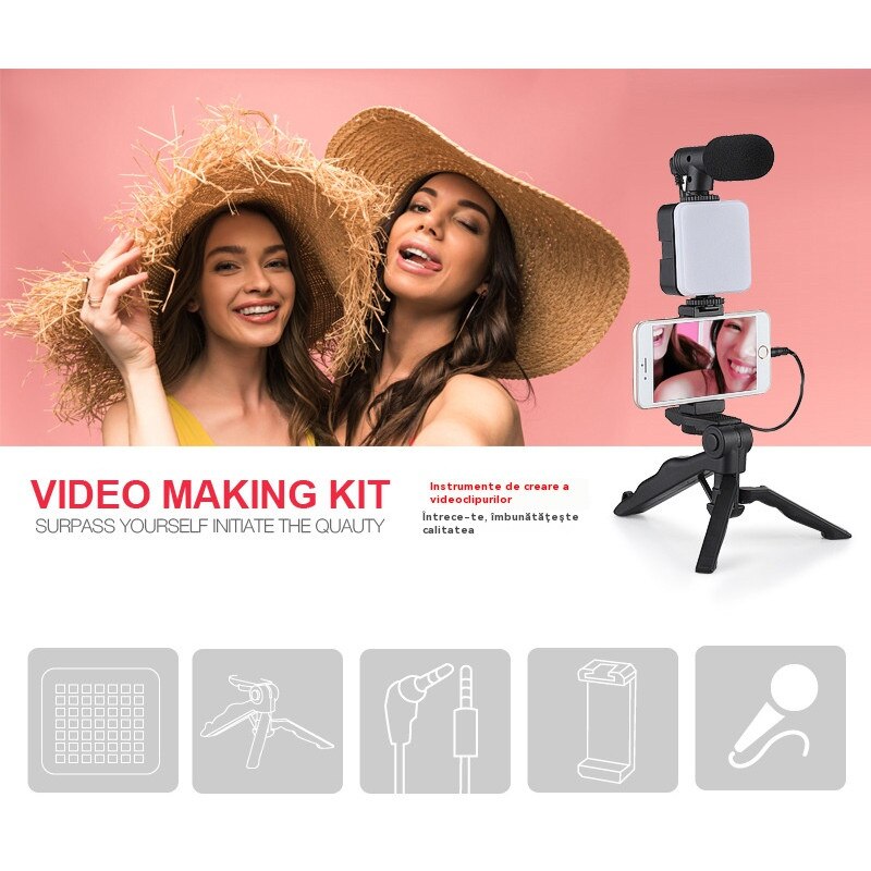 Kit de fotografiere de blog profesionist, ZOUN， Pentru videoclipuri Youtube, TikTok, LED-uri, microfon, control Bluetooth, tripod de pistol pliabil, compatibil cu camera / smartphone, universal, negru