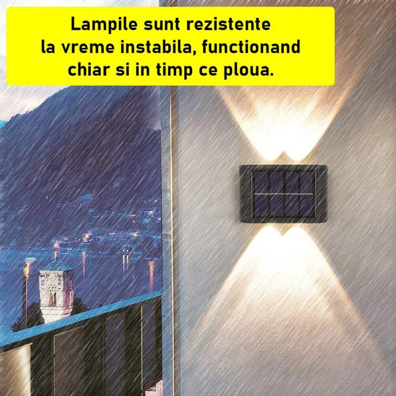 Set 2 Lampi Solare Decorative SIKS De Perete / Gradina, 4 LED SMD, Cu Senzor Lumina, Buton On/Off, Rezistente La Apa IP65, 200 mAh, Negru