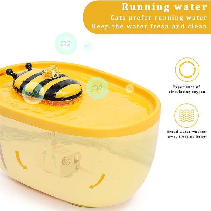 Fantana de apa pentru animale, 2L, cu pompa ultra-silicioasa si lumina LED, galben albina, IPX5