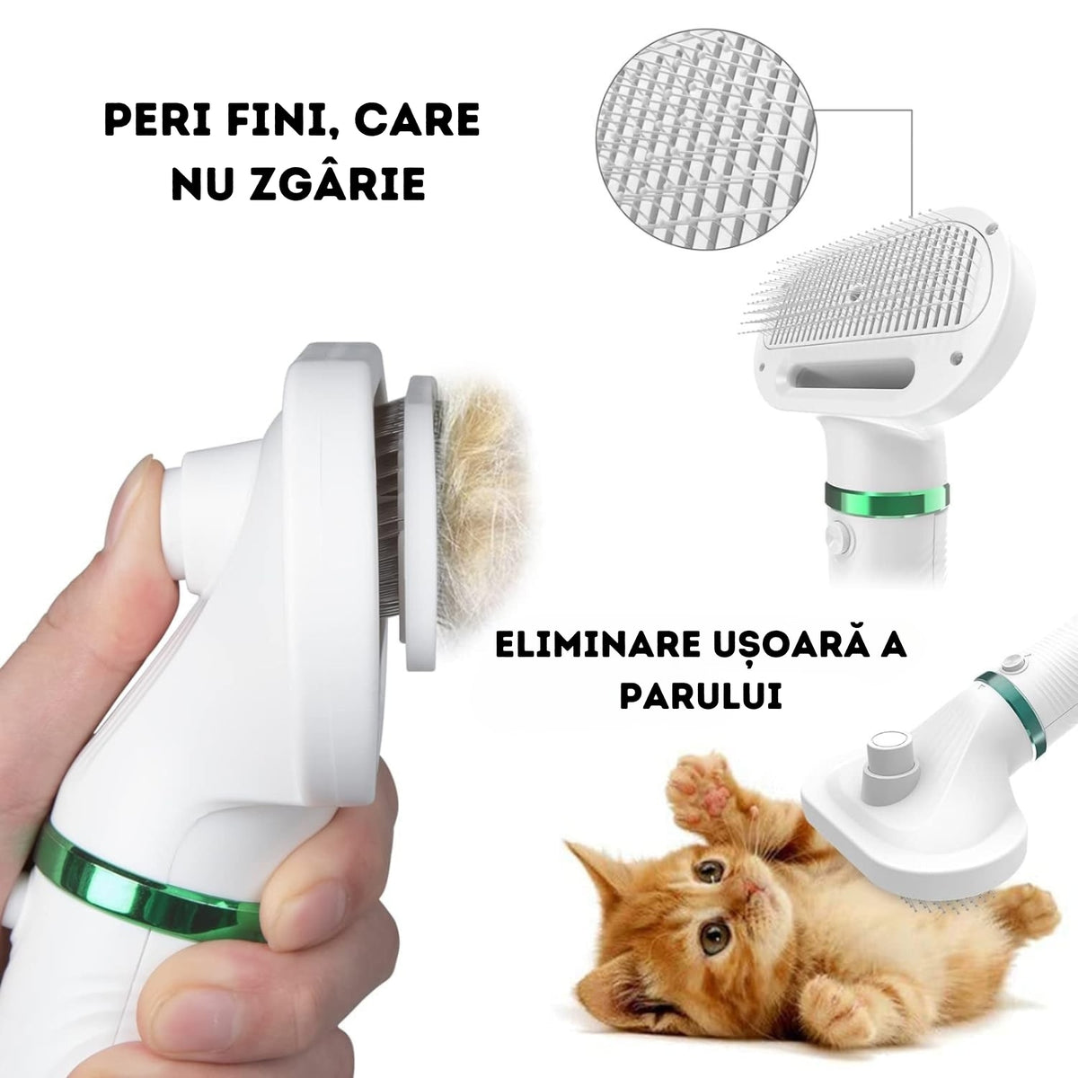 Perie Electrica 2 in 1 pentru Animale Infiniteea™, Descurcare si Uscare Par, Caini si Pisici, Zgomot Redus, Potrivita pentru Toate Taliile, Reduce Naparlirea, Usor de Utilizat, 300w, 2 Trepte de Temperatura, Alb