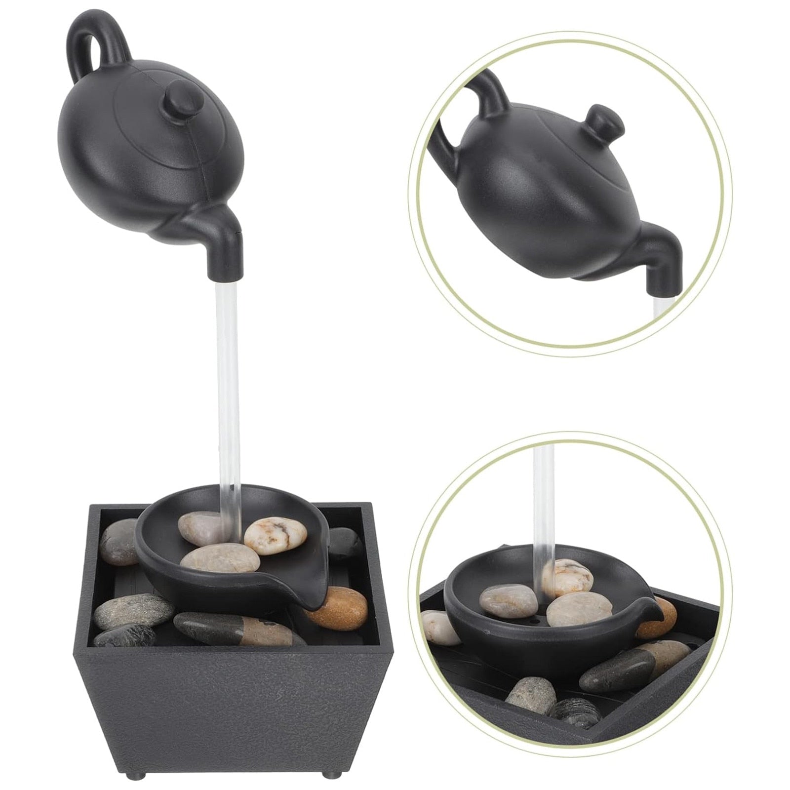 Fantana feng shui arteziana decorativ, AFKSMILE, Fantana de interior, Cu cablu de date USB, Designul fierbatorului, 5V, Apa Circulanta, Relaxeaza-ti corpul si mintea, Pentru decorarea biroului, camera de zi, studiu, Plastic, 13*18*28cm, Negru
