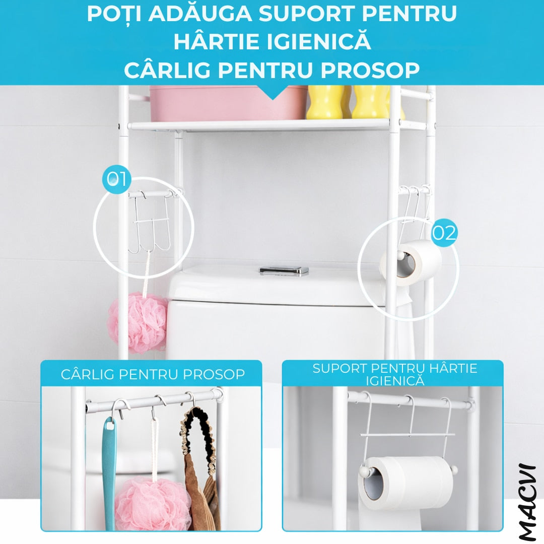 Organizator Baie Macvi® pentru Masina de Spalat si Toaleta, 3 Rafturi Depozitare, Suport Hartie Igienica si Prosoape, Inaltime 160 cm, Metal Vopsit, Alb, Etajera Multifunctionala Economisire Spatiu