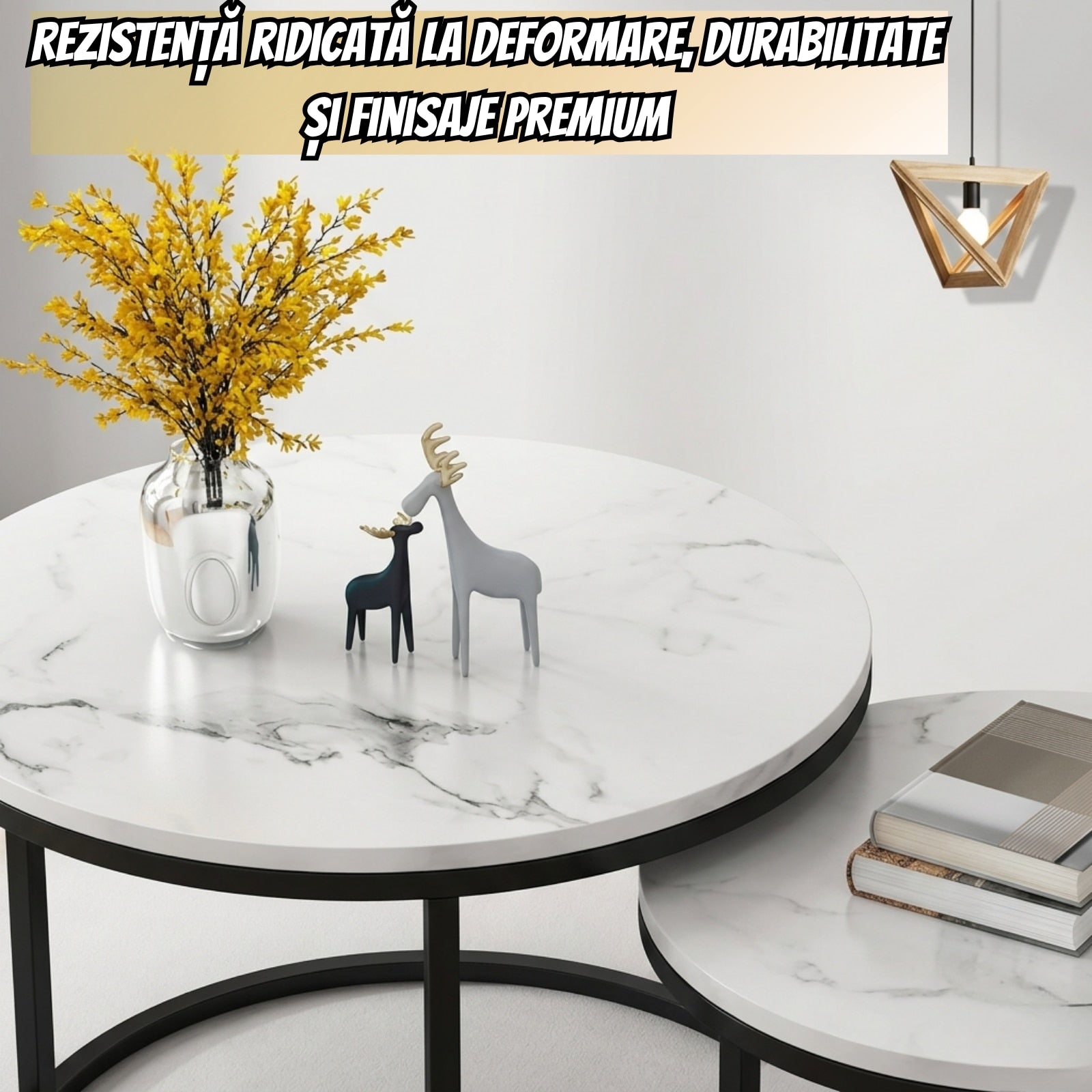 Set 2 Mese Cafea Nesting Premium Infiniteea™️, Living/Office, Design Rotund Elegant, Blat MDF, Aspect Marmura Alba, Structura Metalica Neagra, Stil Modern Rafinat, Economisire Spatiu, Mese suprapuse Alb/Negru, Diametru 50/50cm si 70/70