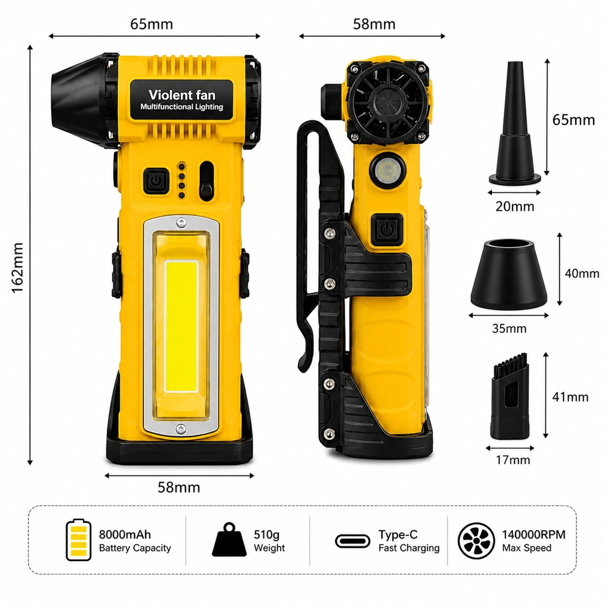 Suflanta Aer Comprimat Portabila 4 in 1 Pexor, Functie Aspirate, Turbo Fan 140000 RPM, 4 Trepte Putere, Baterie 8000 mAh, Incarcare USB-C, Motor Fara Perii, Galben-Negru
