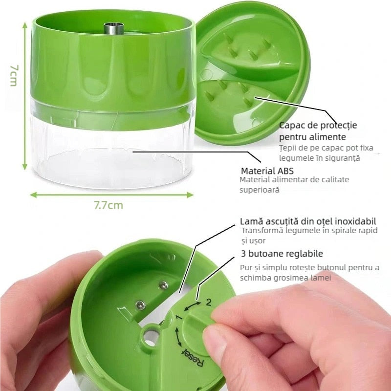 Razatoare Manuala Multifunctionala 3 in 1 KuviKoo™, Spiralizator pentru Legume cu 3 Lame din Inox, Baza Antiderapanta, Compacta si Usor de Folosit, 8,9x7,2x7,2 cm