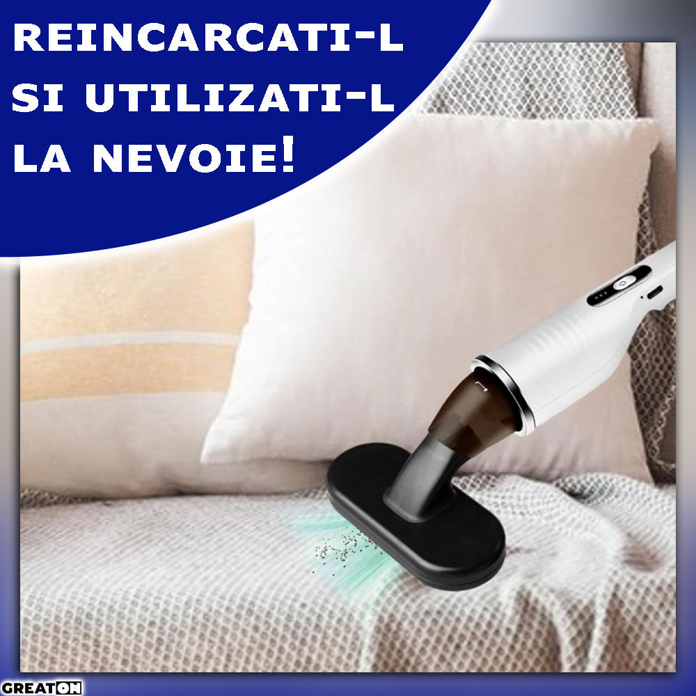 Aspirator Auto, GREATON, Reincarcabil, Portabil, Filtru HEPA lavabil, Alb/Negru, 41x9.5x19.5cm, Putere 80W, Acumulator 2000 mAh