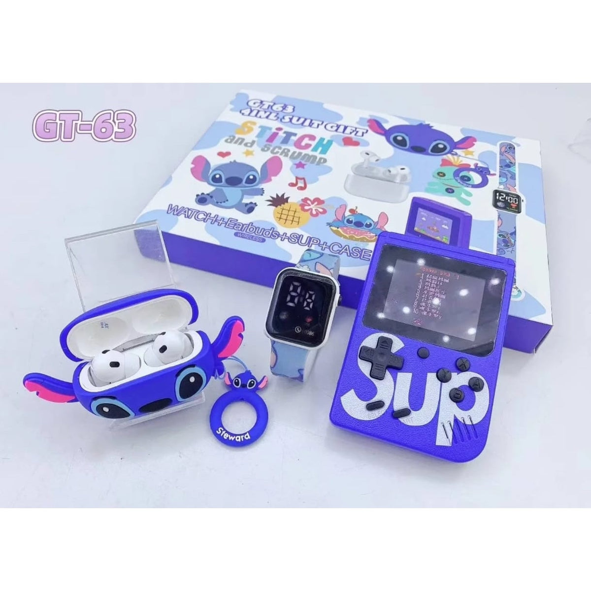 Set cadou 4 in 1, ceas, consola casti si breloc stich albastru