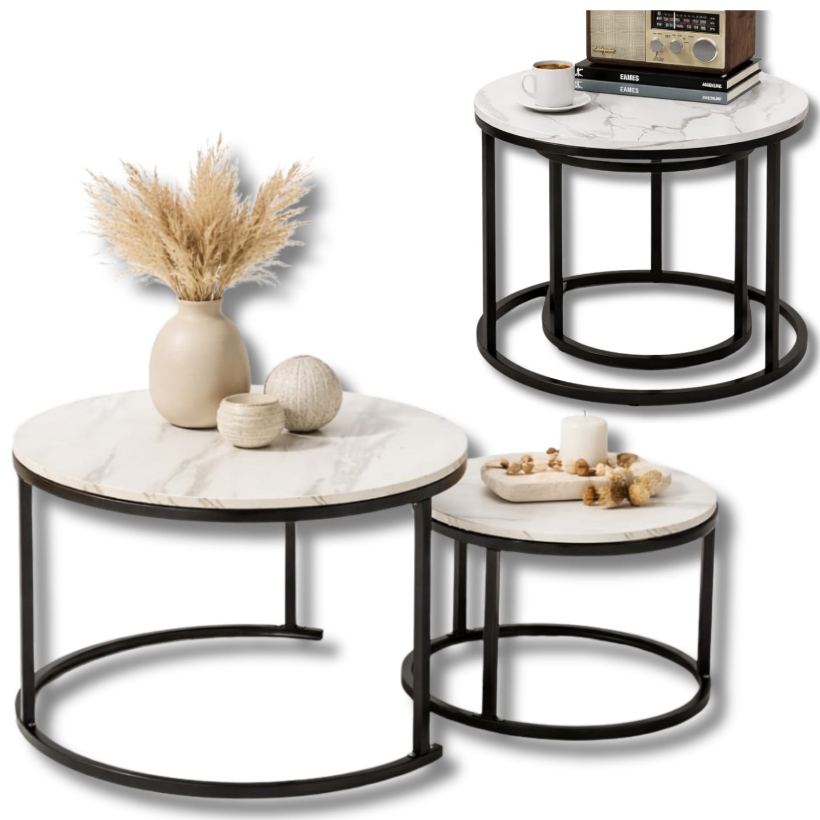 Set 2 Mese Cafea Nesting Premium Infiniteea™️, Living/Office, Design Rotund Elegant, Blat MDF, Aspect Marmura Alba, Structura Metalica Neagra, Stil Modern Rafinat, Economisire Spatiu, Mese suprapuse Alb/Negru, Diametru 50/50cm si 70/70