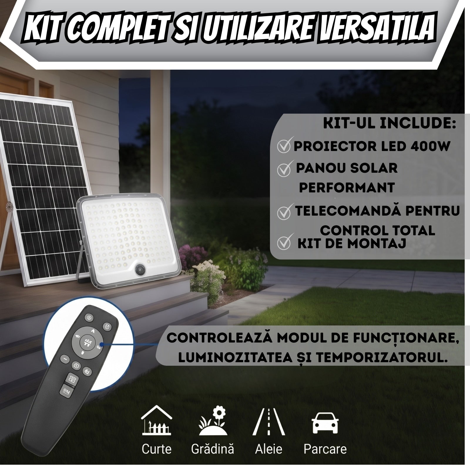 Proiector LED de Iluminat cu Incarcare Solara Premium Infiniteea™, 600W, Kit Complet cu Proiector LED High-Output, Panou Fotovoltaic Monocristalin, Telecomanda Inteligenta a si Kit de Montaj, Autonomie Extinsa, Protectie Rezistent la Intemperii, Negru