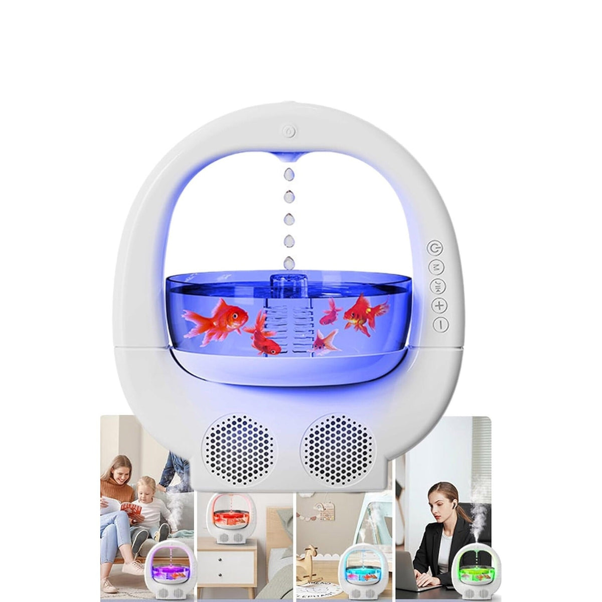 Umidificator 4in1 | Umidificator | Acvariu pentru Pesti | Boxa Bluetooth | Lumini Ambientale LED | Efect Relaxant | Alb