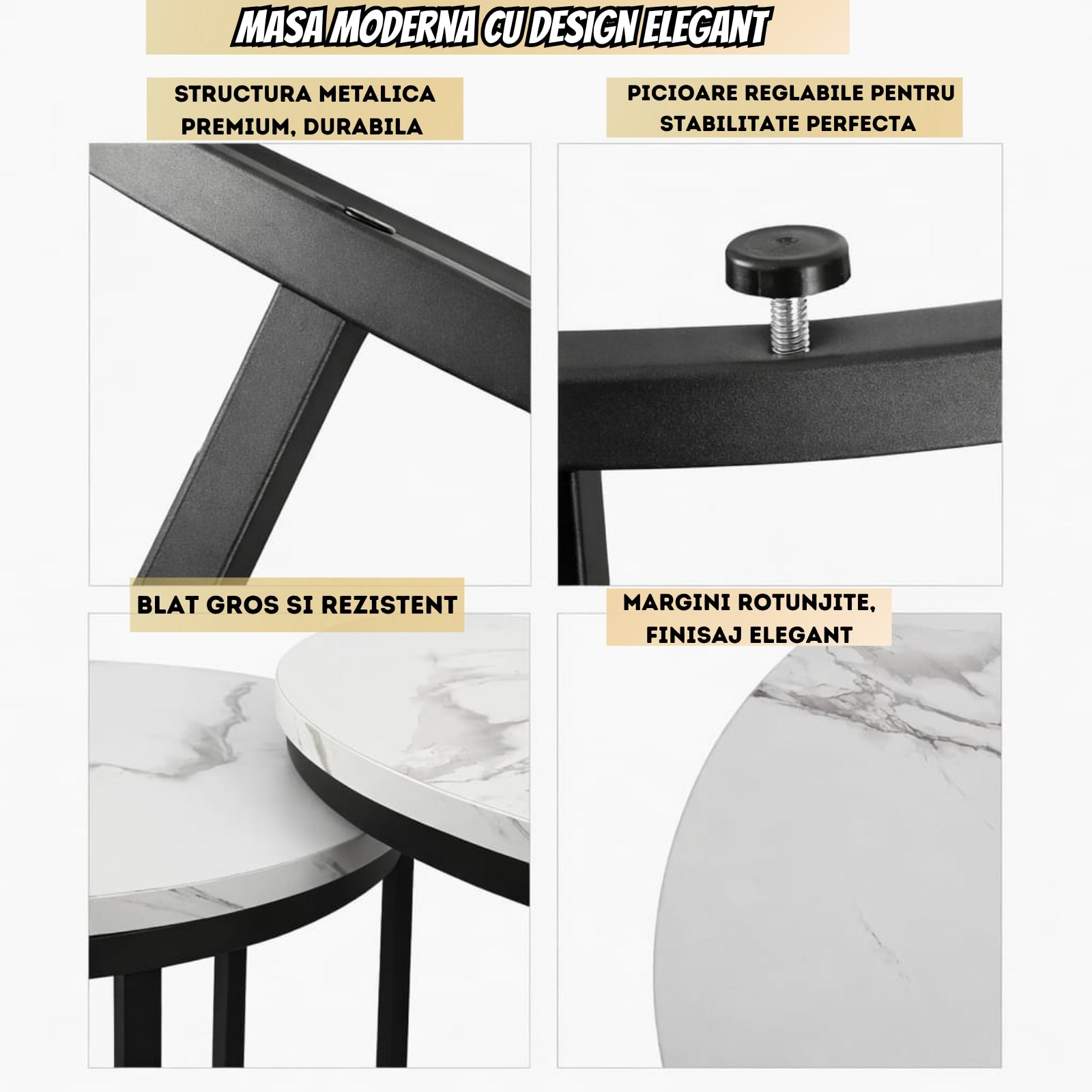 Set 2 Mese Cafea Nesting Premium Infiniteea™️, Living/Office, Design Rotund Elegant, Blat MDF, Aspect Marmura Alba, Structura Metalica Neagra, Stil Modern Rafinat, Economisire Spatiu, Mese suprapuse Alb/Negru, Diametru 50/50cm si 70/70