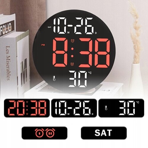 Ceas digital LED modern cu alarma, 25,5x25,5x3cm, rosu cu cifre, set cu telecomanda