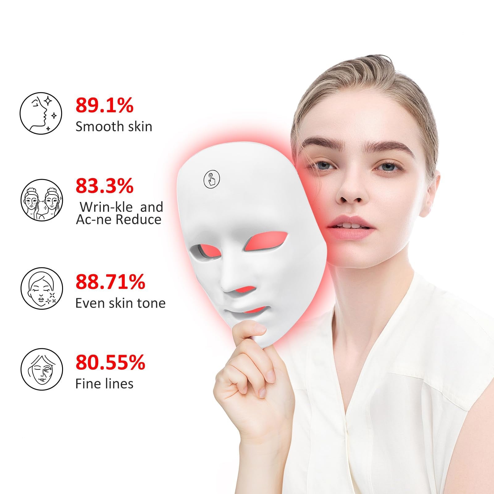 Masca LED pentru fata BHW, 7 culori, tratament anti-rid si rejuvenare, alb, utilizare casnica/profesionala, Portabil, fara fir, reincarcabil, Terapia cu lumina rosie, anti-imbatranire