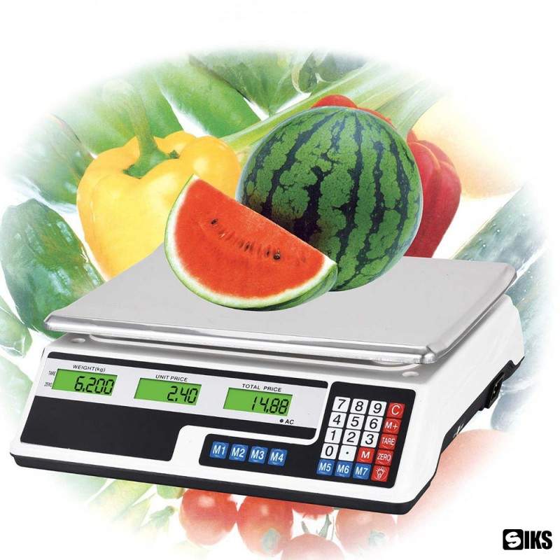 Cantar Electronic Comercial SIKS Pentru Magazin Sau Piata, Pentru Legume / Fructe/ Pepeni, Cantarire Maxima 40 kg, Masurare Precisa, Digital, Functie De Memorie, Display Dublu Iluminat, Culoare Alb