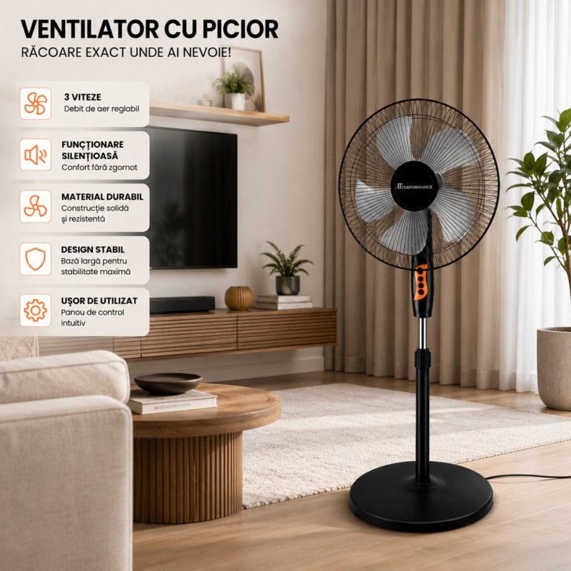 Ventilator cu Picior AT PERFORMANCEAT-2054, 65W, 16 Inch, 3 Viteze, Oscilatie Automata, Inaltime Reglabila