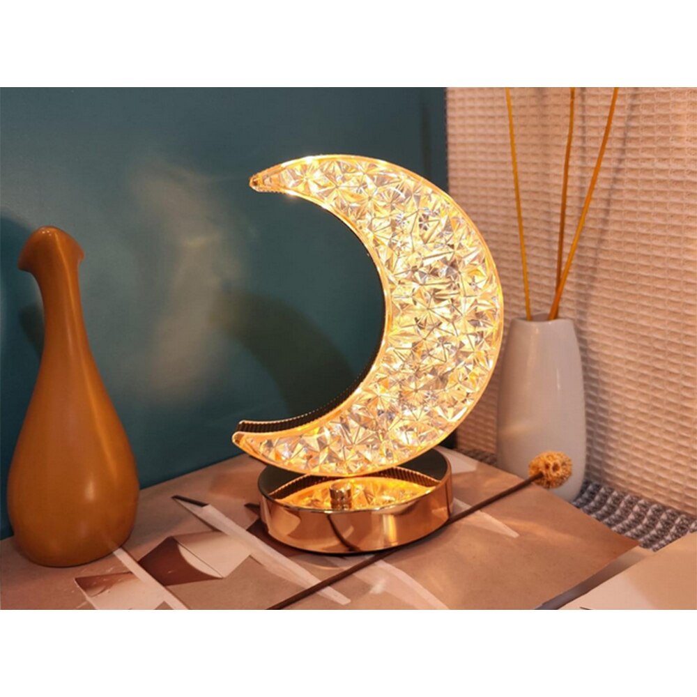 Lampa LED RGB Semiluna Cristal Lux, Schimbare Moduri prin Atingere, 5 Culori, Tranzitii Line intre Culori sau Iluminare, Incarcare USB, 14x18cm, Auriu