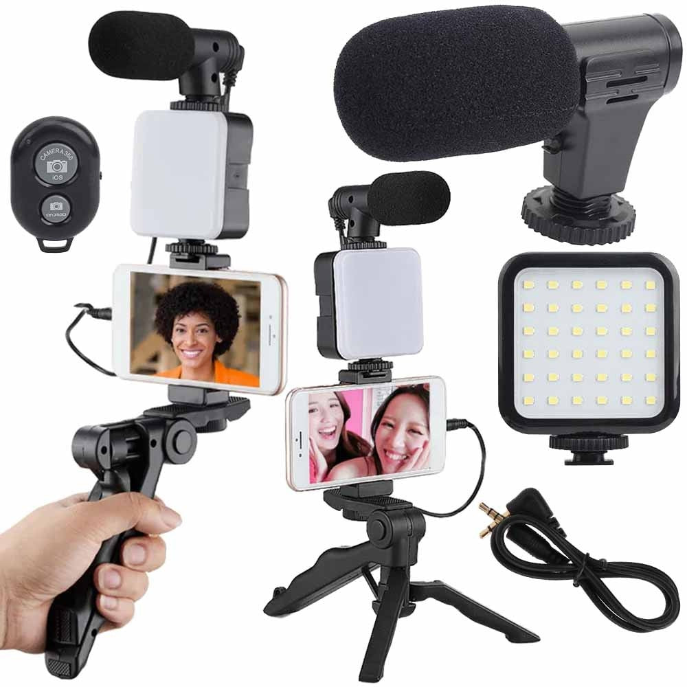 Set vlogging: trepied, microfon, suport telefon, înregistrare video
