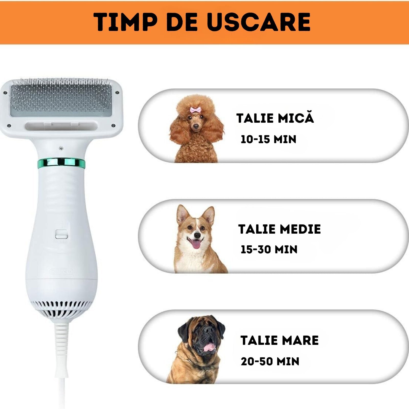 Perie Electrica 2 in 1 pentru Animale Infiniteea™, Descurcare si Uscare Par, Caini si Pisici, Zgomot Redus, Potrivita pentru Toate Taliile, Reduce Naparlirea, Usor de Utilizat, 300w, 2 Trepte de Temperatura, Alb