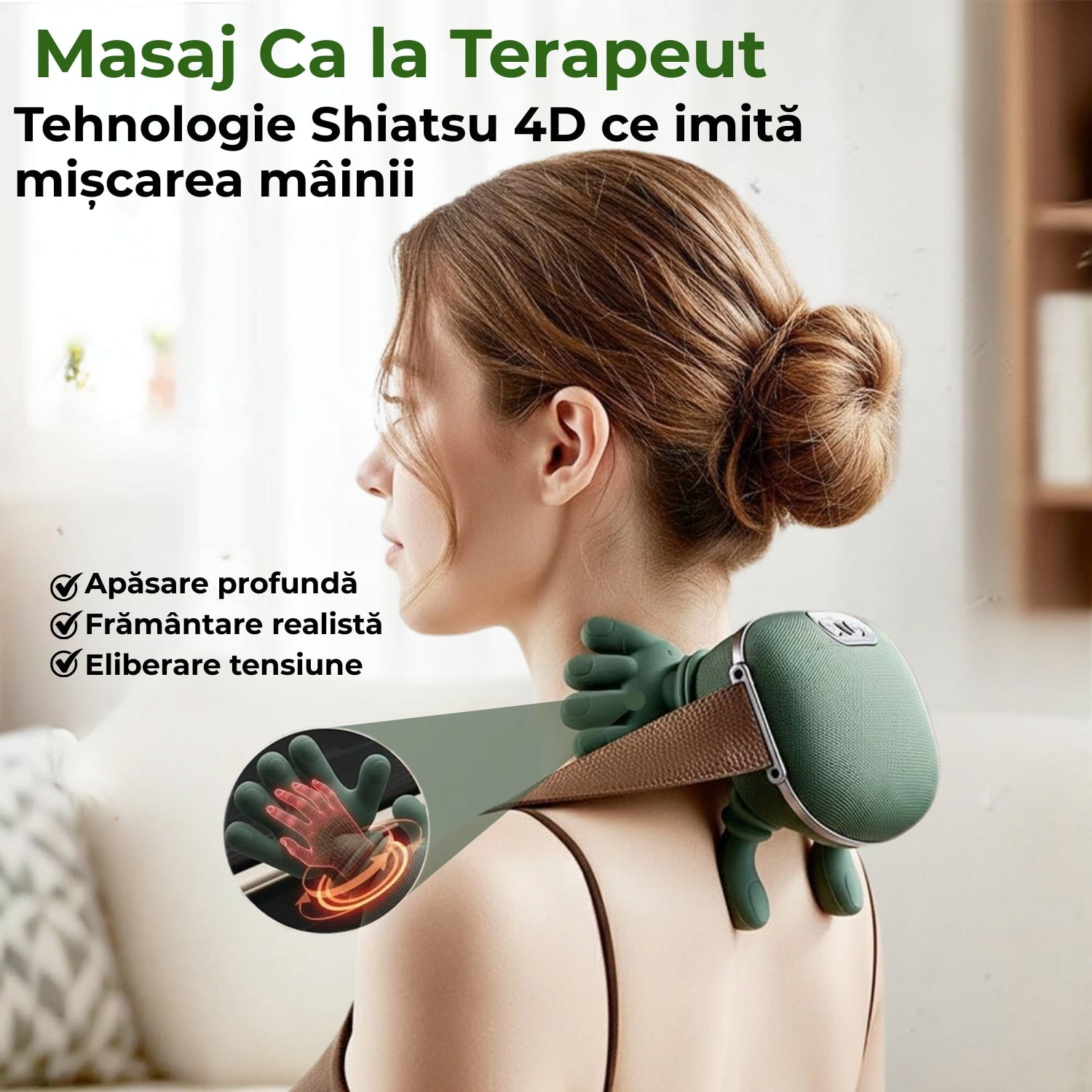 Aparat Masaj Cervical JustNet 4D Shiatsu, Masaj Gat si Umeri, Spate, Brate si Gambe, Incalzire 40/45°C, Wireless, 3 Intensitati, Autonomie 70 min, Motor Silentios, Relaxare si Detensionare Musculara, Cadou