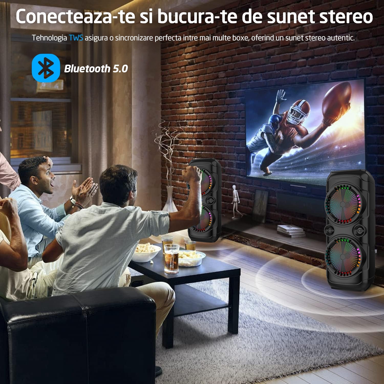 Boxa Portabila Tip Troler Runex®, Microfon, Telecomanda, Bluetooth 5.0, 30W, 2400mAh, Jocuri Lumini RGB, Conexiune USB, Auxiliar, Card SD, Radio FM, Doua Difuzoare 8 Inch