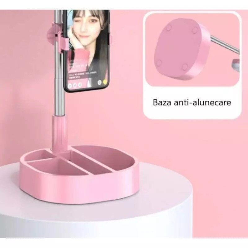 Lampa circulara patrata SIKS® de machiaj, cu oglinda si suport telefon/accesorii, portabil, 64 leduri, roz
