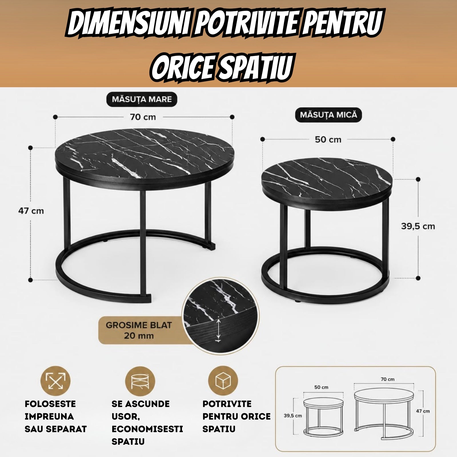 Set 2 Masute Cafea Rotunde Infiniteea™, 2 in 1, Blat PAL Laminat Efect Marmura Neagra, Cadru Metalic, Masa Mare 70x70x47 cm, Masa Mica 50x50x39.5 cm, Design Modern, Ideal pentru Living, Negru