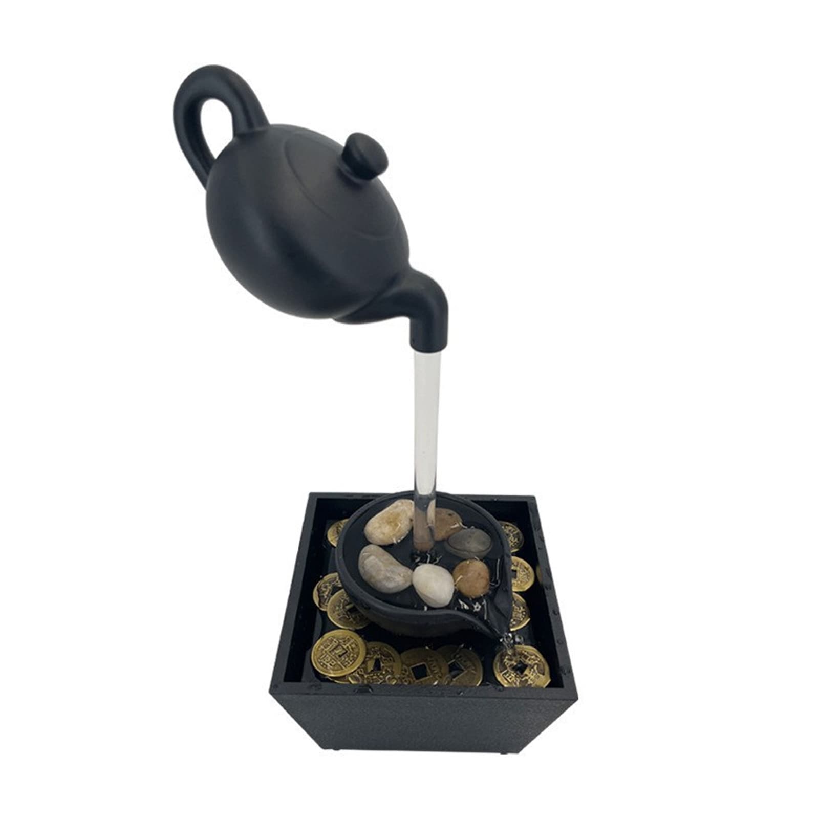 Fantana feng shui arteziana decorativ, AFKSMILE, Fantana de interior, Cu cablu de date USB, Designul fierbatorului, 5V, Apa Circulanta, Relaxeaza-ti corpul si mintea, Pentru decorarea biroului, camera de zi, studiu, Plastic, 13*18*28cm, Negru