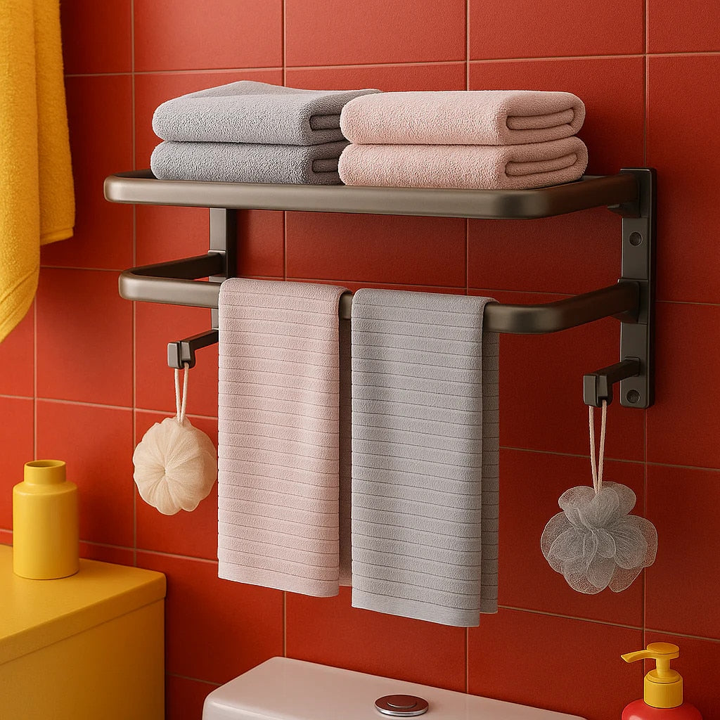 Suport Prosoape Baie Vivendo Pliabil Aluminiu 2 Niveluri Polita Carlige 60cm Gri Montaj Dual