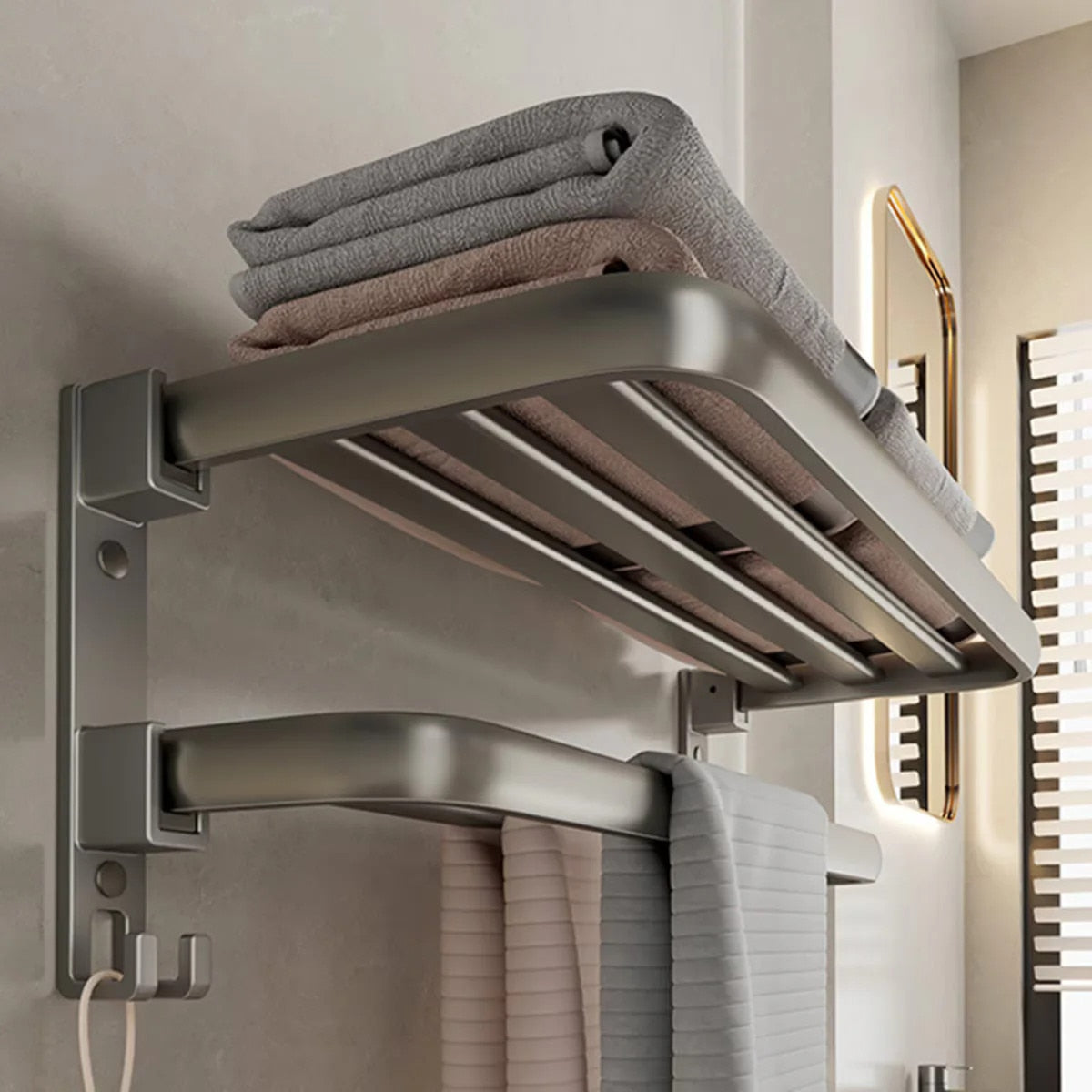 Suport Prosoape Baie Vivendo Pliabil Aluminiu 2 Niveluri Polita Carlige 60cm Gri Montaj Dual