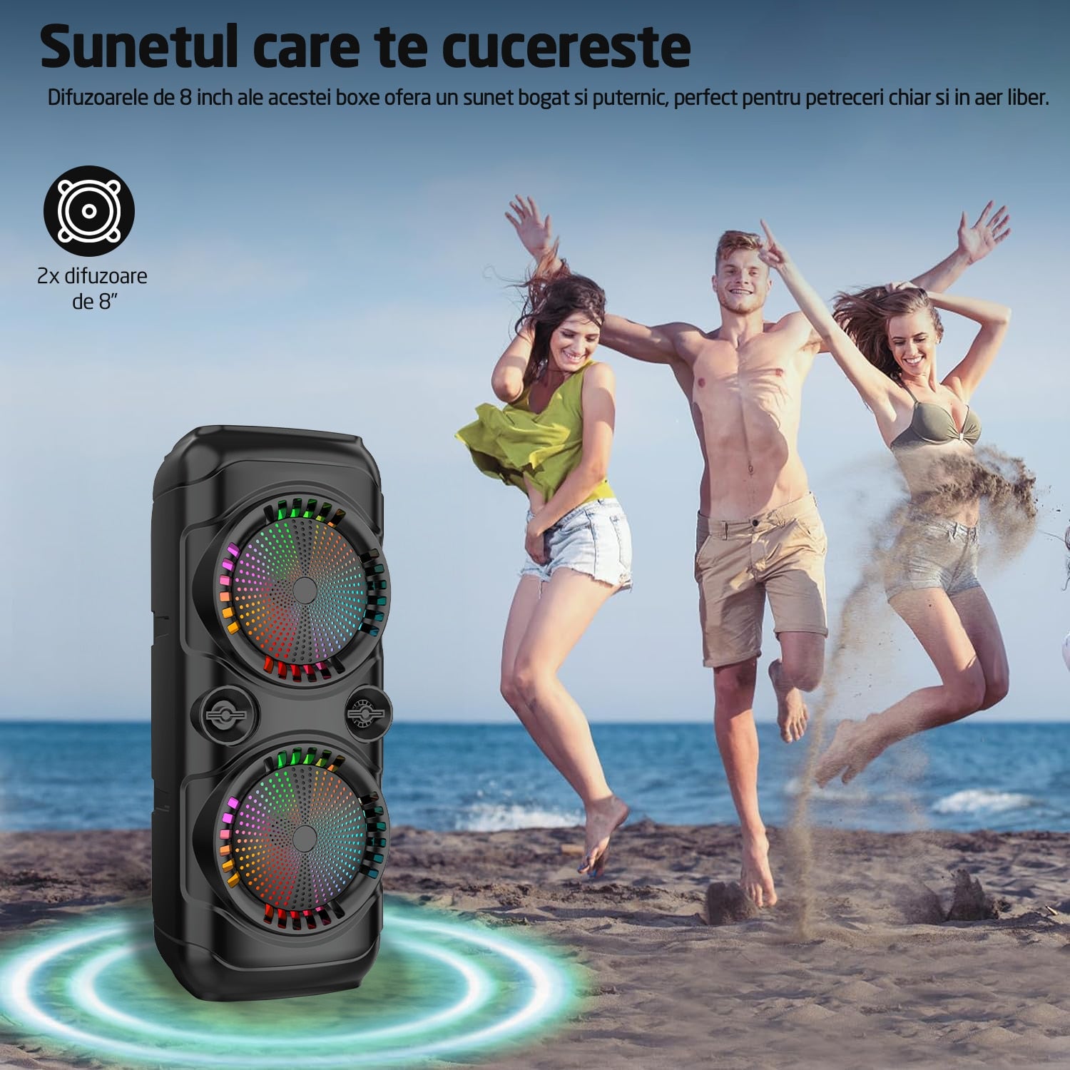 Boxa Portabila Tip Troler Runex®, Microfon, Telecomanda, Bluetooth 5.0, 30W, 2400mAh, Jocuri Lumini RGB, Conexiune USB, Auxiliar, Card SD, Radio FM, Doua Difuzoare 8 Inch