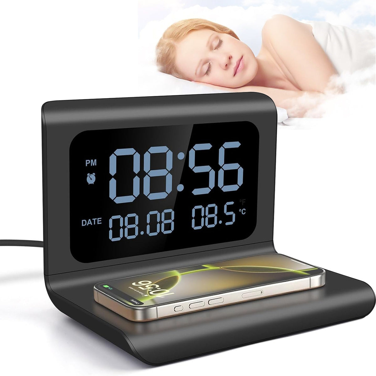 Ceas 3 in 1 Decorativ Digital Multifunctional, Bedee®, Ambele parti sunt detasabile, cu Alarma Electrica, Temperatura, Incarcare Wireless, Ecran mare de LED, incarcare rapida wireless de 15W, silentioasa, compatibila cu mai multe telefoane mobile