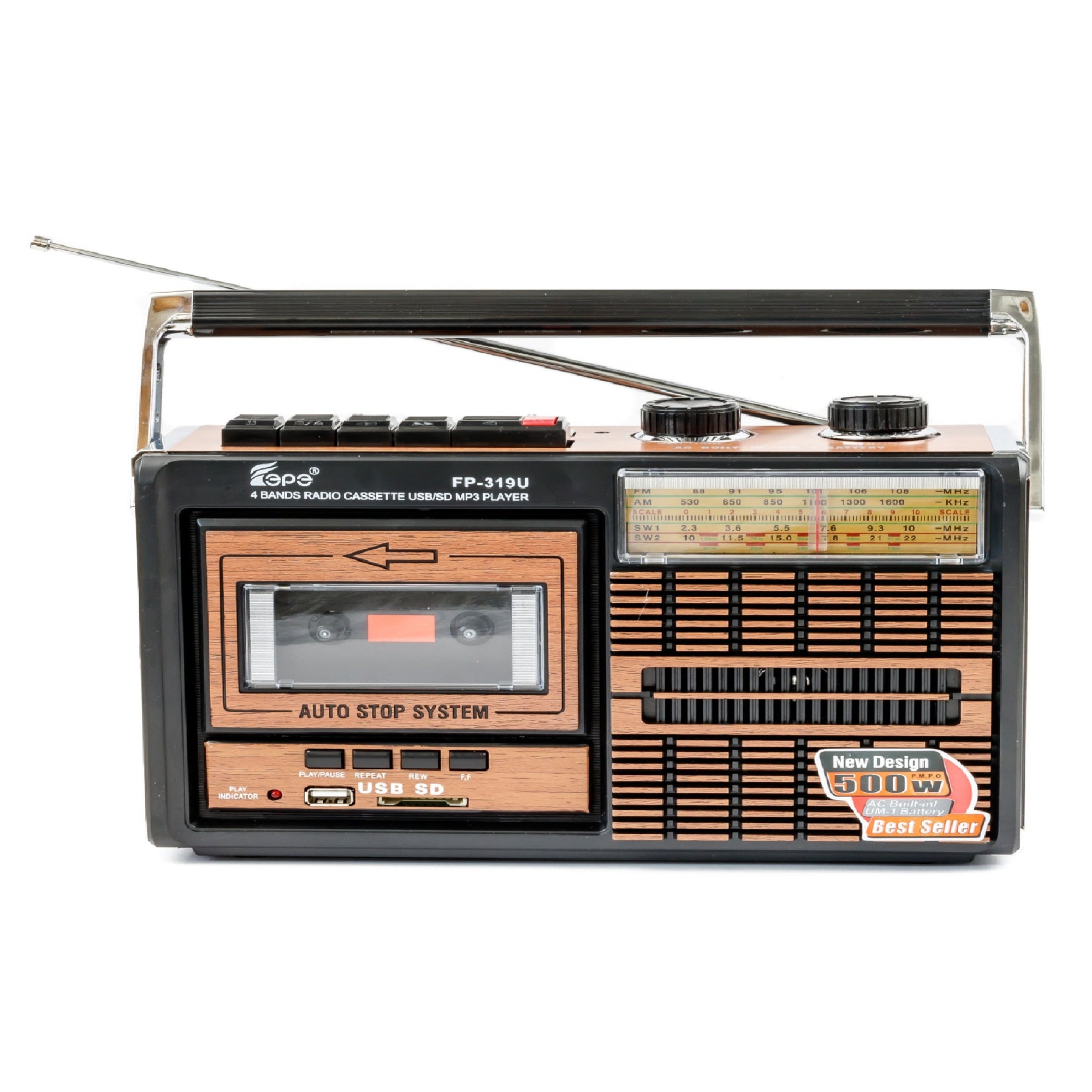Radio casetofon portabil cu MP3 Player Fepe FP-319U, USB, SD card, AM/FM/SW1/SW2, culoare Negru-maro